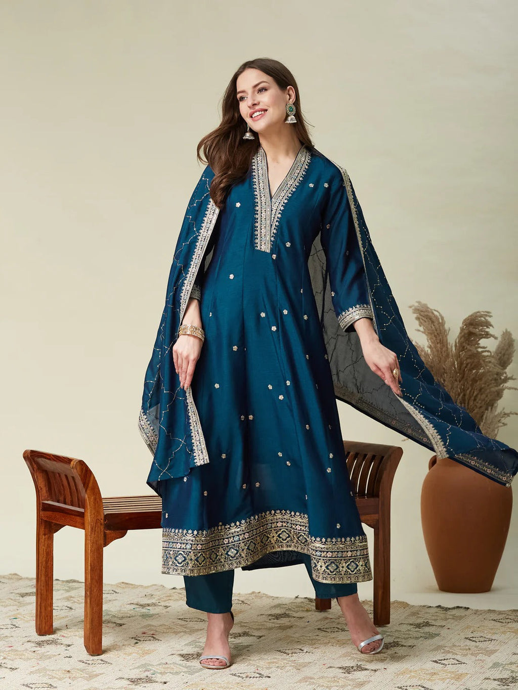 Dwija Fashion Anarkali Kurti Vichitra Silk Embroidered Teal Color Kurti With Pant And Dupatta | Grocsy