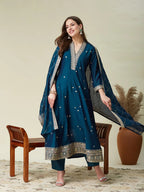 Dwija Fashion Anarkali Kurti Vichitra Silk Embroidered Teal Color Kurti With Pant And Dupatta | Grocsy