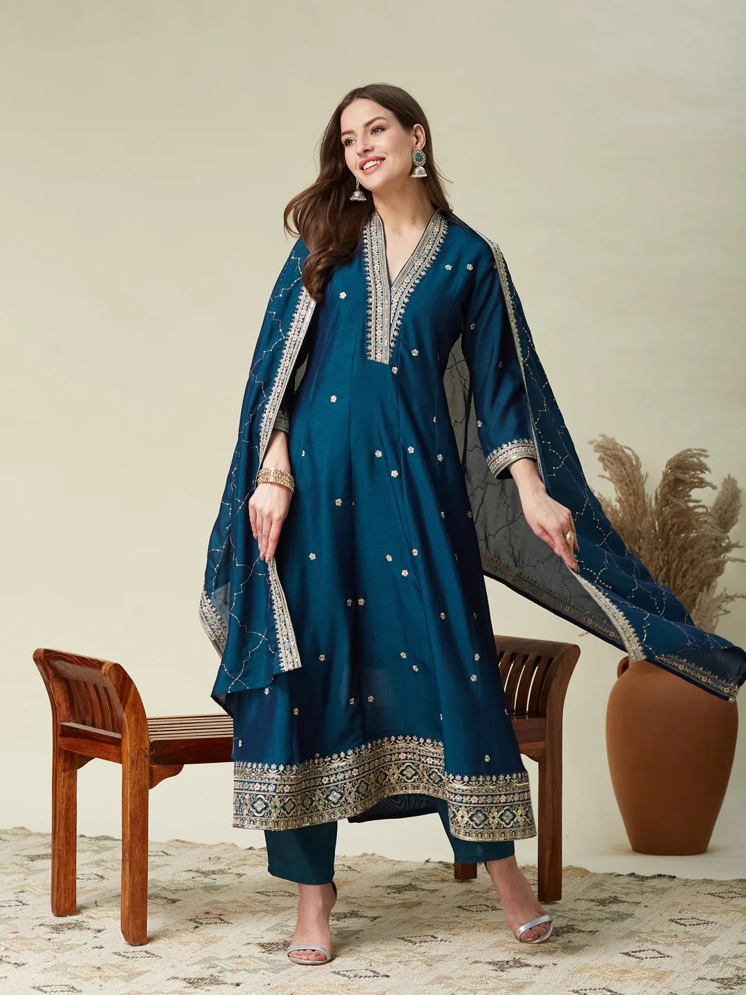 Dwija Fashion Anarkali Kurti Vichitra Silk Embroidered Teal Color Kurti With Pant And Dupatta | Grocsy
