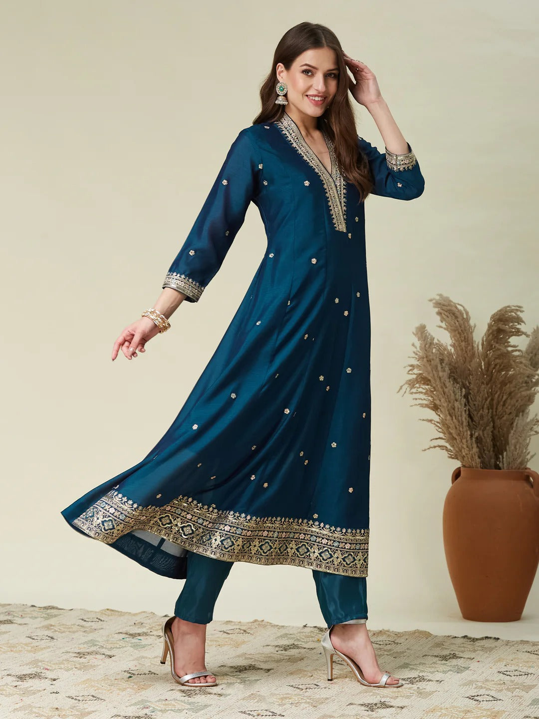 Dwija Fashion Anarkali Kurti Vichitra Silk Embroidered Teal Color Kurti With Pant And Dupatta | Grocsy