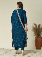 Dwija Fashion Anarkali Kurti Vichitra Silk Embroidered Teal Color Kurti With Pant And Dupatta | Grocsy