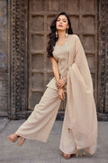 Dwija Fashion A-Line Kurti Crunchy Silk Embroidered Beige Color Kurti With Palazzo And Dupatta | Grocsy