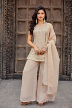 Dwija Fashion A-Line Kurti Crunchy Silk Embroidered Beige Color Kurti With Palazzo And Dupatta | Grocsy