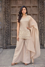 Dwija Fashion A-Line Kurti Crunchy Silk Embroidered Beige Color Kurti With Palazzo And Dupatta | Grocsy