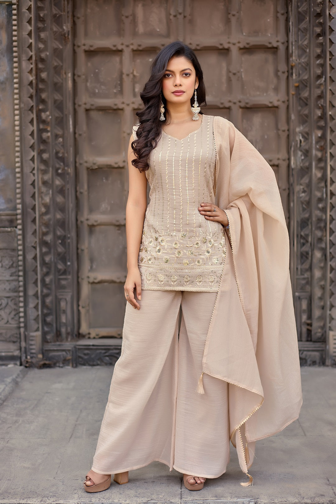 Dwija Fashion A-Line Kurti Crunchy Silk Embroidered Beige Color Kurti With Palazzo And Dupatta | Grocsy