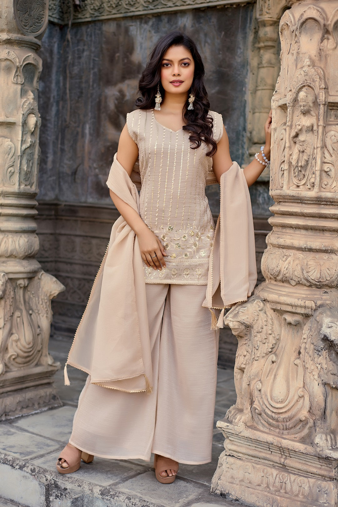Dwija Fashion A-Line Kurti Crunchy Silk Embroidered Beige Color Kurti With Palazzo And Dupatta | Grocsy