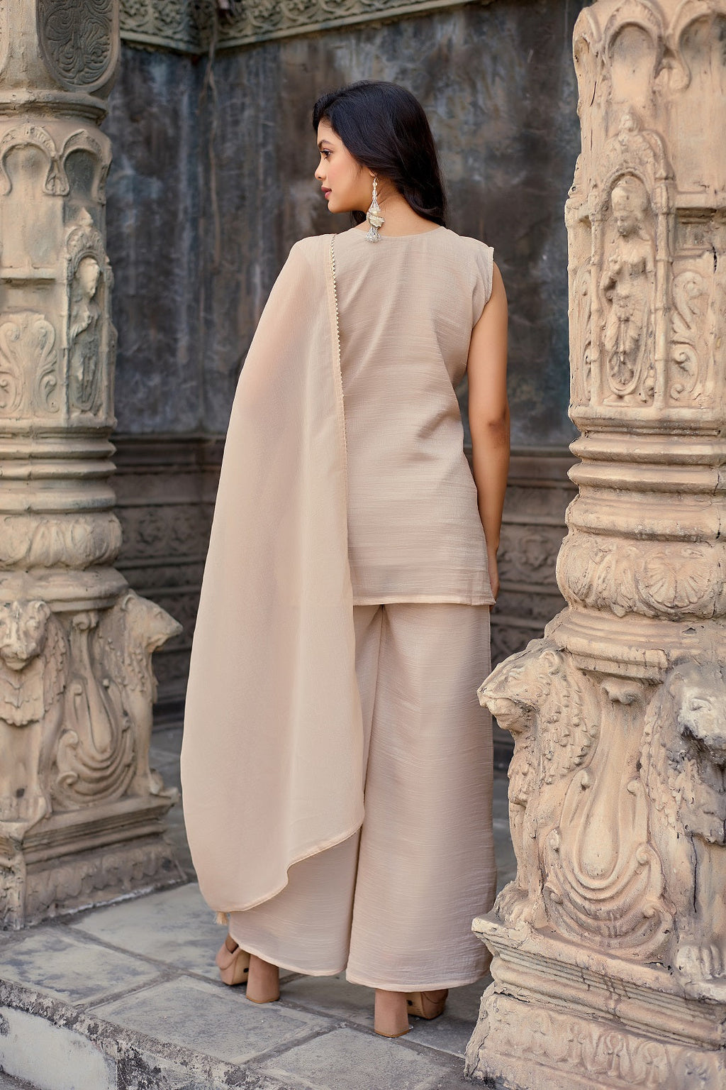 Dwija Fashion A-Line Kurti Crunchy Silk Embroidered Beige Color Kurti With Palazzo And Dupatta | Grocsy