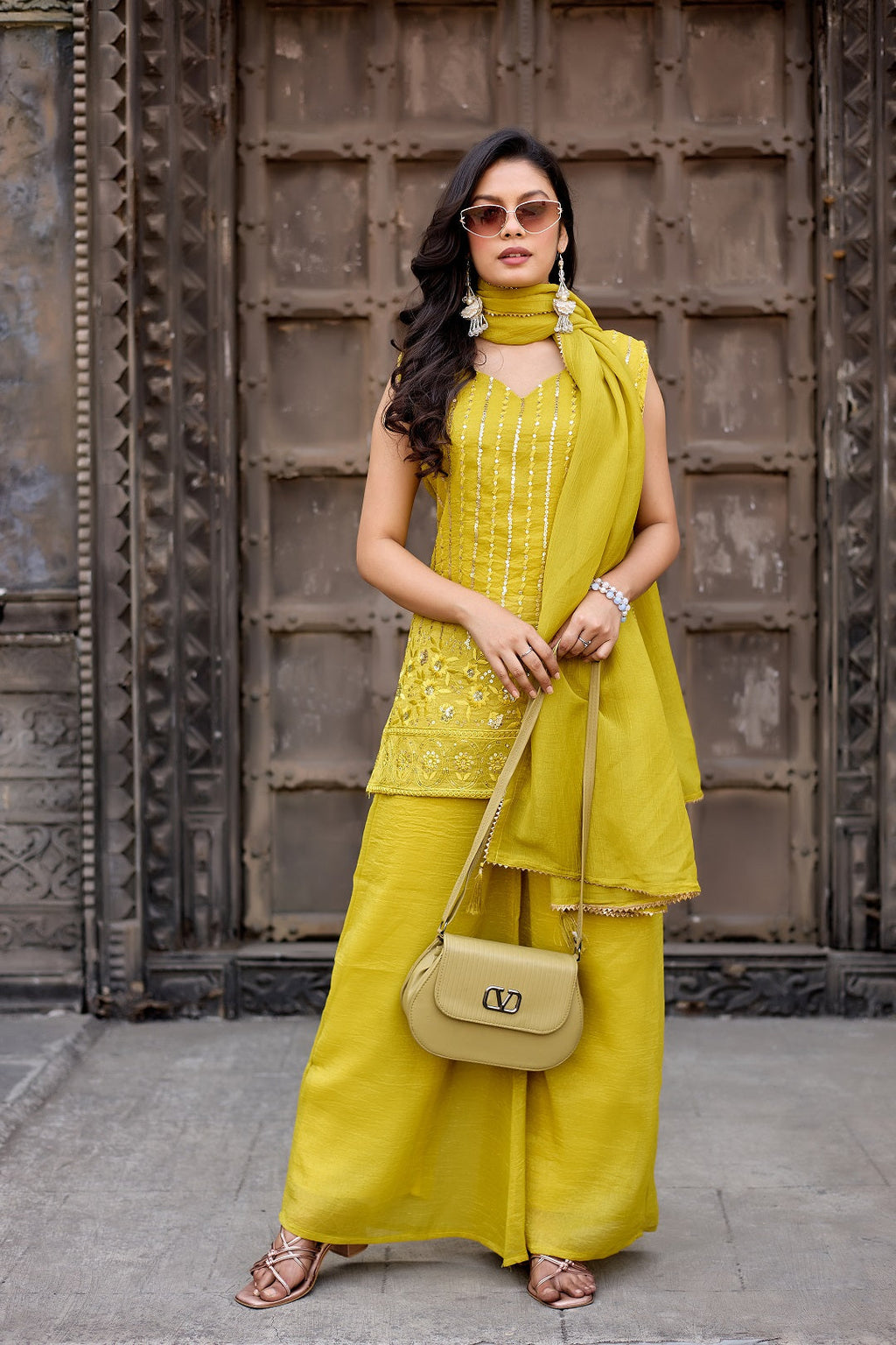 Dwija Fashion A-Line Kurti Crunchy Silk Embroidered Beige Color Kurti With Palazzo And Dupatta | Grocsy