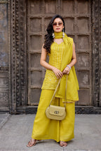 Dwija Fashion A-Line Kurti Crunchy Silk Embroidered Beige Color Kurti With Palazzo And Dupatta | Grocsy