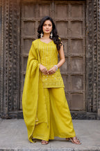 Dwija Fashion A-Line Kurti Crunchy Silk Embroidered Beige Color Kurti With Palazzo And Dupatta | Grocsy