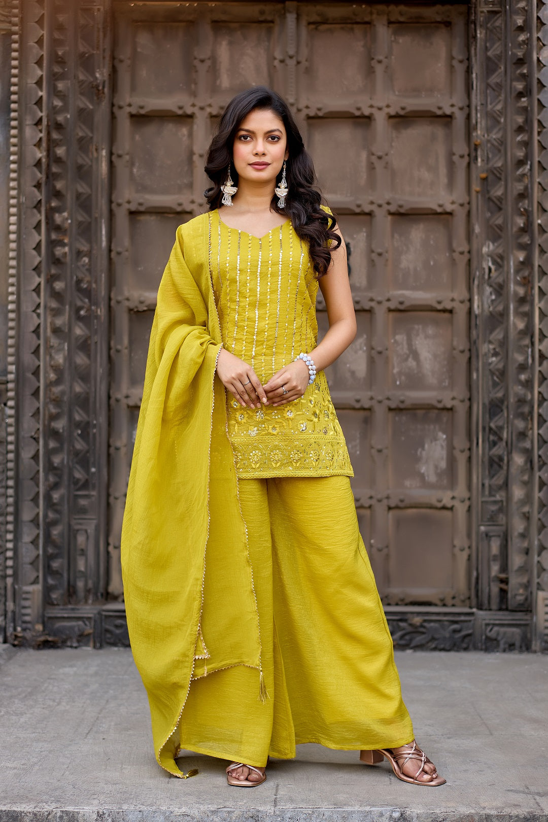 Dwija Fashion A-Line Kurti Crunchy Silk Embroidered Beige Color Kurti With Palazzo And Dupatta | Grocsy