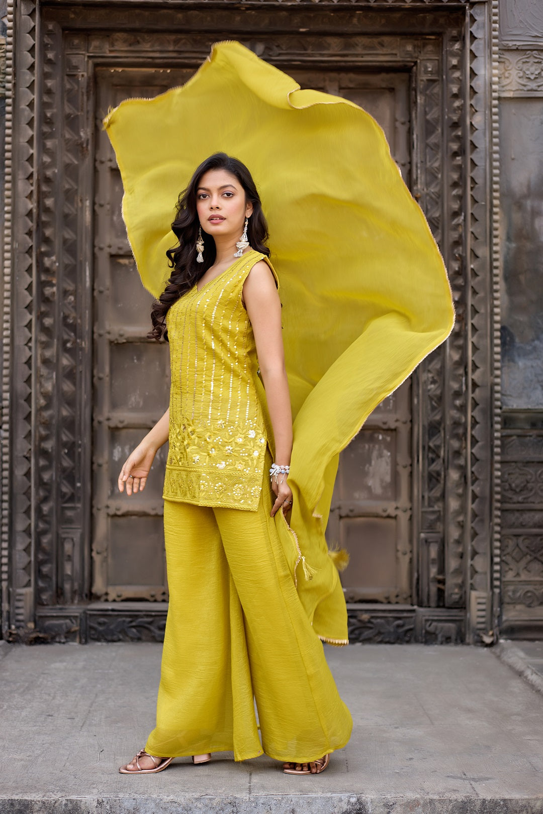 Dwija Fashion A-Line Kurti Crunchy Silk Embroidered Beige Color Kurti With Palazzo And Dupatta | Grocsy