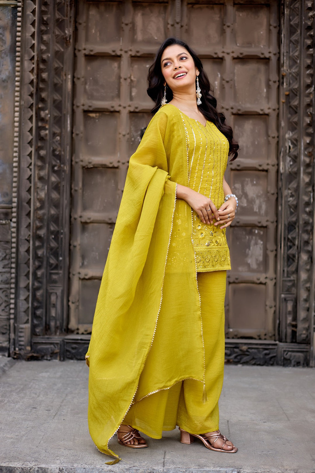 Dwija Fashion A-Line Kurti Crunchy Silk Embroidered Beige Color Kurti With Palazzo And Dupatta | Grocsy