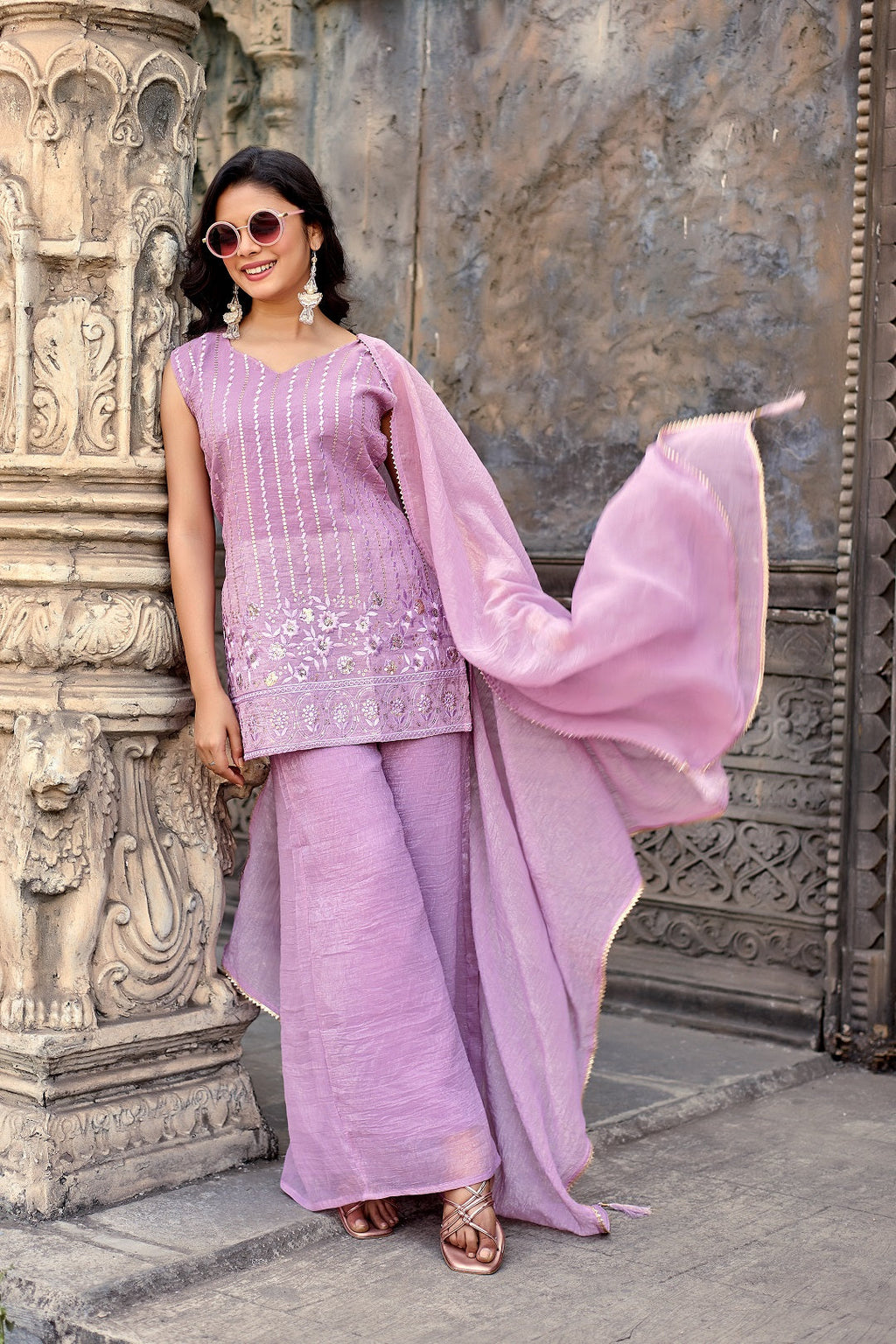 Dwija Fashion A-Line Kurti Crunchy Silk Embroidered Beige Color Kurti With Palazzo And Dupatta | Grocsy