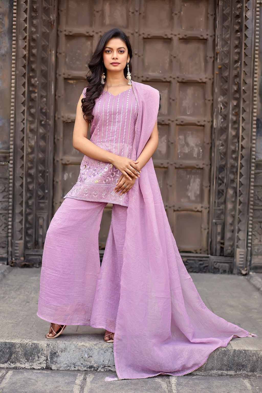 Dwija Fashion A-Line Kurti Crunchy Silk Embroidered Beige Color Kurti With Palazzo And Dupatta | Grocsy