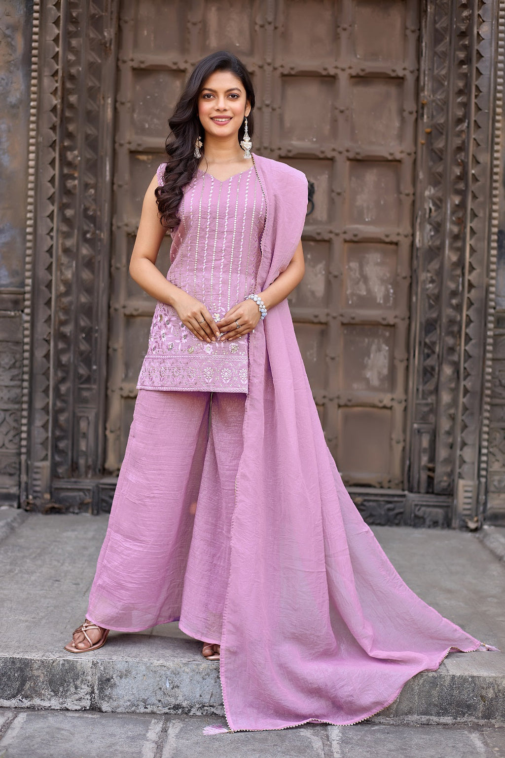 Dwija Fashion A-Line Kurti Crunchy Silk Embroidered Beige Color Kurti With Palazzo And Dupatta | Grocsy