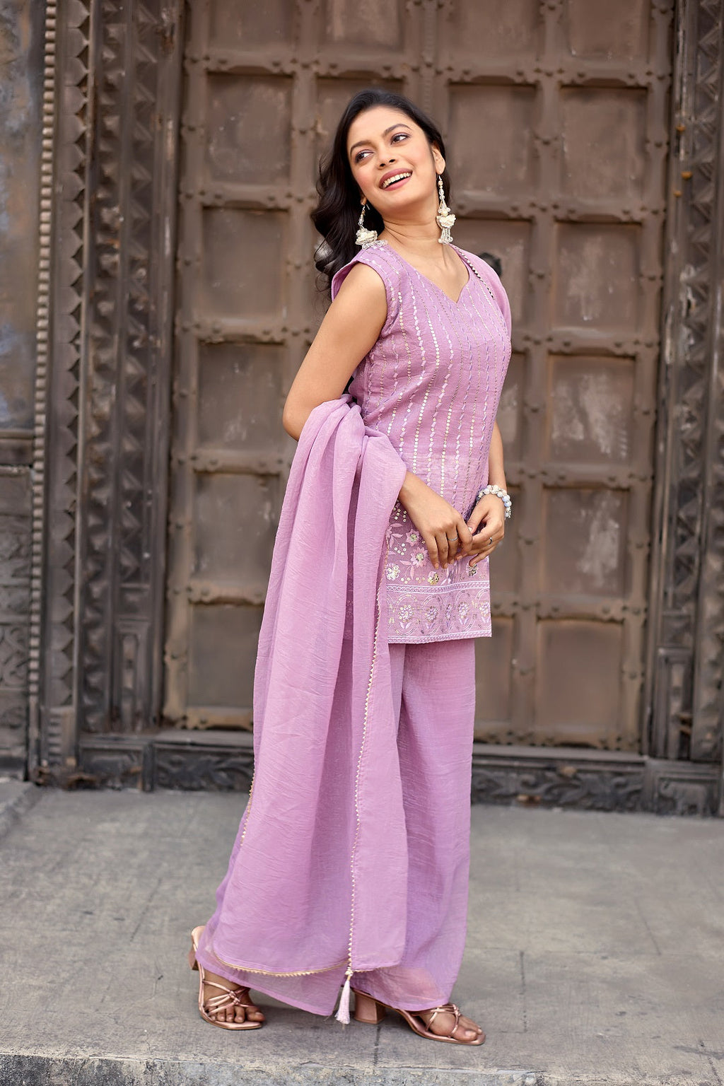 Dwija Fashion A-Line Kurti Crunchy Silk Embroidered Beige Color Kurti With Palazzo And Dupatta | Grocsy