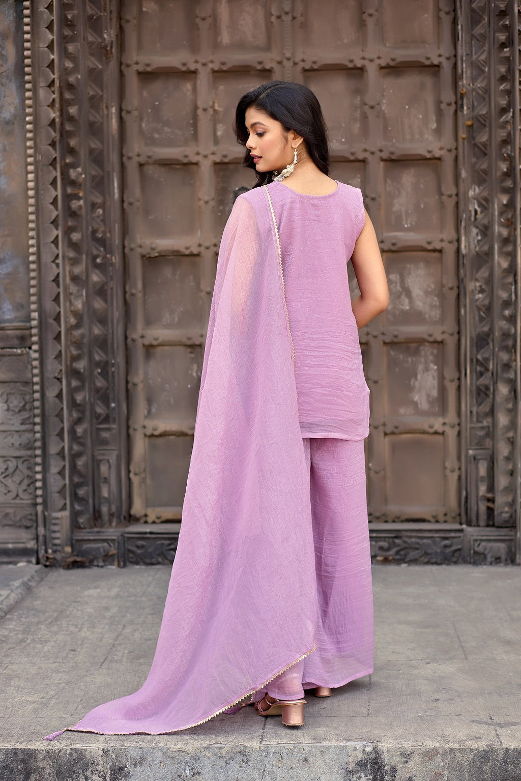 Dwija Fashion A-Line Kurti Crunchy Silk Embroidered Beige Color Kurti With Palazzo And Dupatta | Grocsy