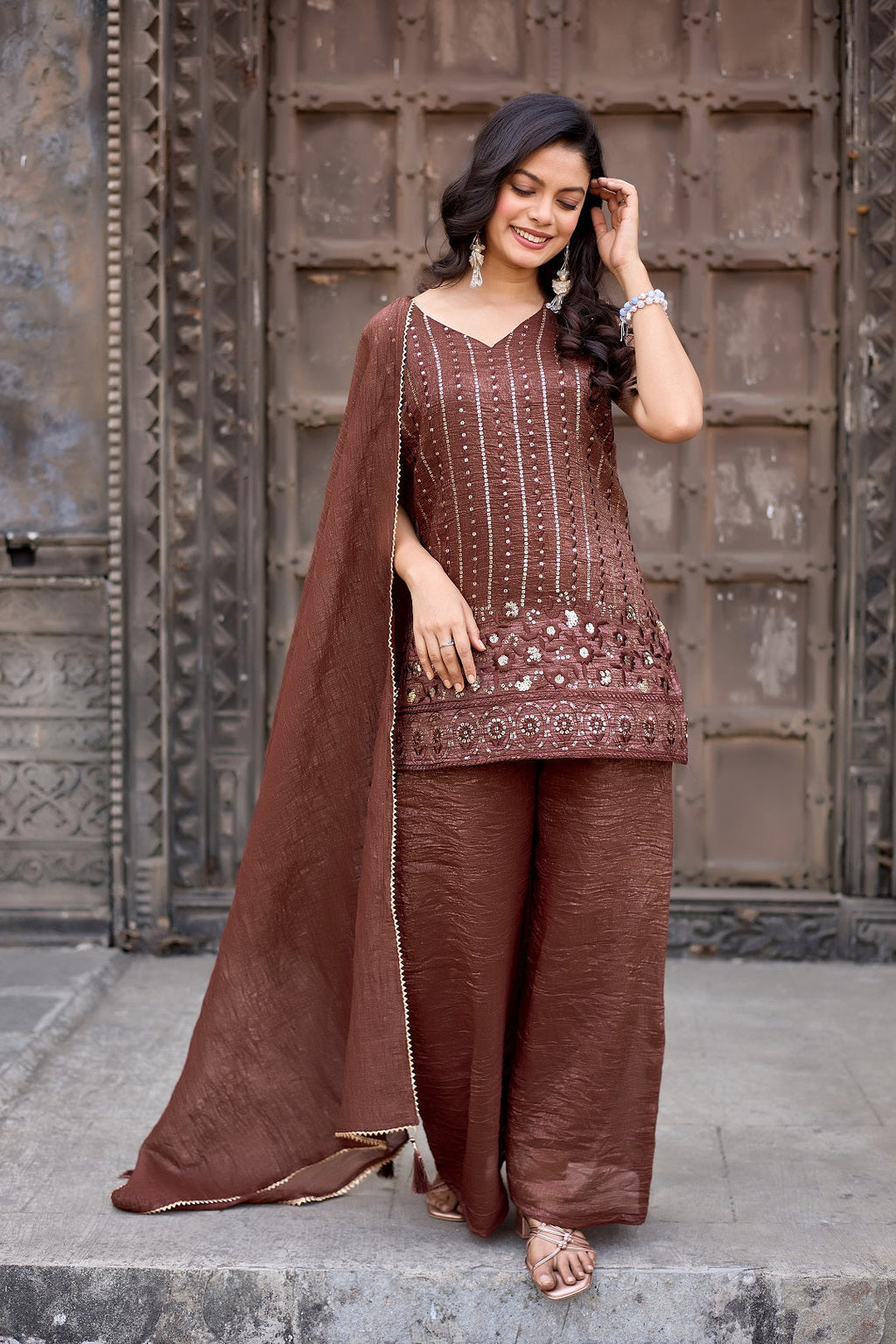 Dwija Fashion A-Line Kurti Crunchy Silk Embroidered Beige Color Kurti With Palazzo And Dupatta | Grocsy