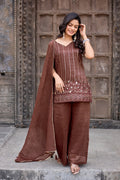 Dwija Fashion A-Line Kurti Crunchy Silk Embroidered Beige Color Kurti With Palazzo And Dupatta | Grocsy