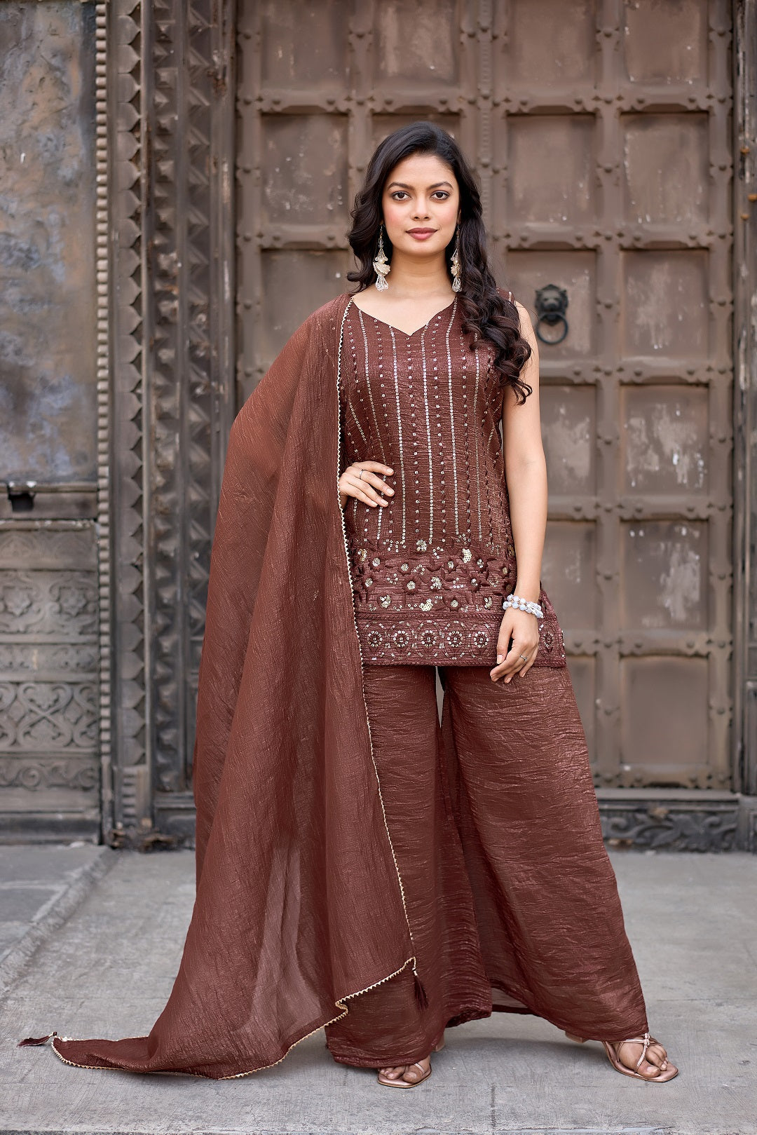 Dwija Fashion A-Line Kurti Crunchy Silk Embroidered Beige Color Kurti With Palazzo And Dupatta | Grocsy