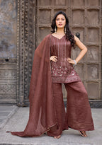 Dwija Fashion A-Line Kurti Crunchy Silk Embroidered Beige Color Kurti With Palazzo And Dupatta | Grocsy