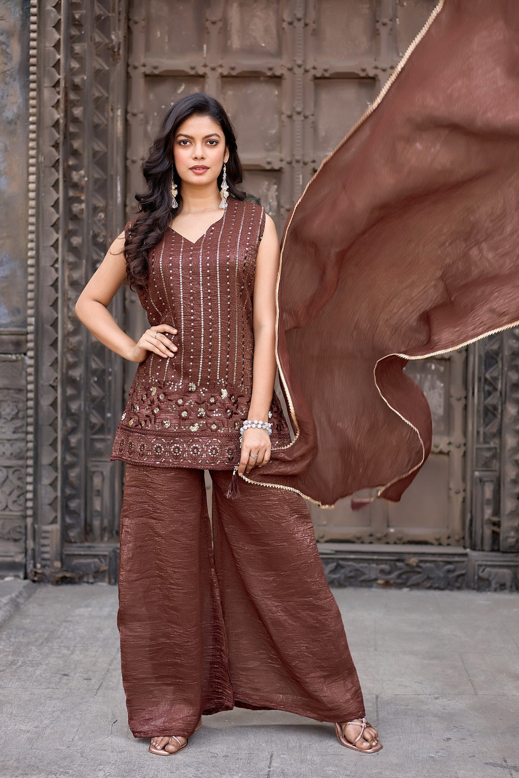 Dwija Fashion A-Line Kurti Crunchy Silk Embroidered Beige Color Kurti With Palazzo And Dupatta | Grocsy