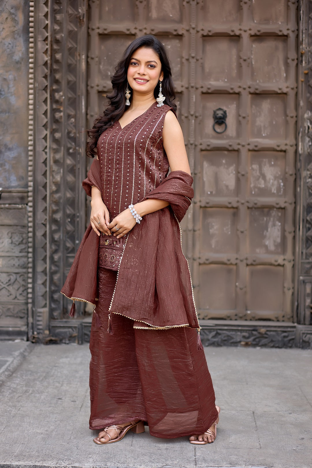 Dwija Fashion A-Line Kurti Crunchy Silk Embroidered Beige Color Kurti With Palazzo And Dupatta | Grocsy