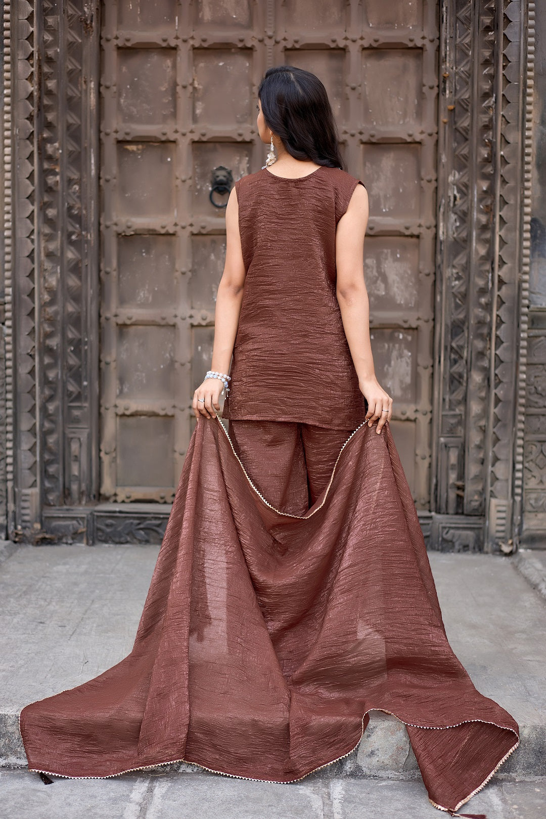 Dwija Fashion A-Line Kurti Crunchy Silk Embroidered Beige Color Kurti With Palazzo And Dupatta | Grocsy