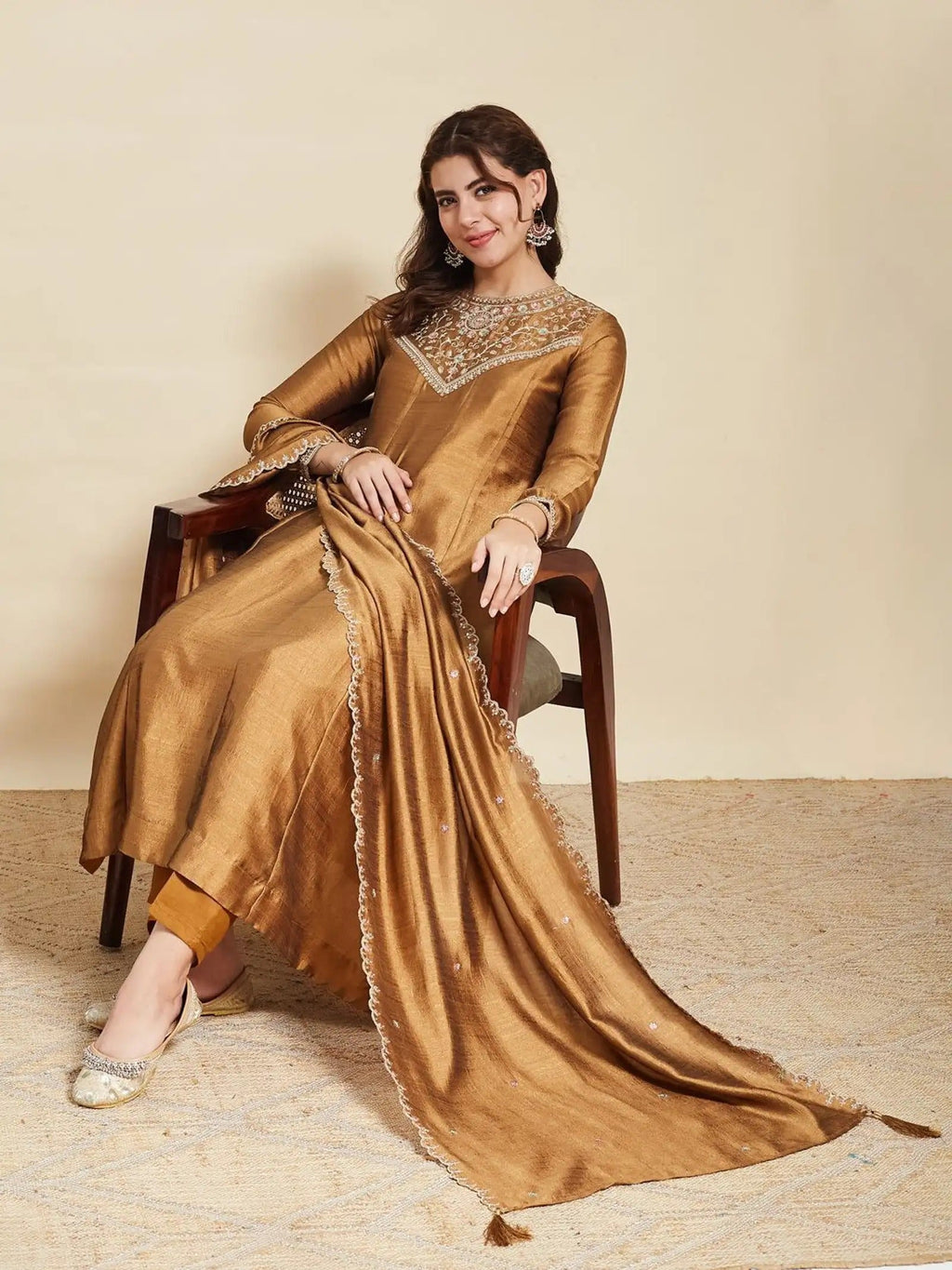 Dwija Fashion Anarkali Kurti Vichitra Silk Embroidered Rust Orange Color Kurti With Pant And Dupatta | Grocsy