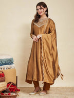Dwija Fashion Anarkali Kurti Vichitra Silk Embroidered Rust Orange Color Kurti With Pant And Dupatta | Grocsy