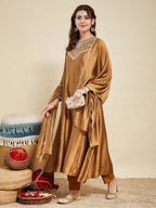 Dwija Fashion Anarkali Kurti Vichitra Silk Embroidered Rust Orange Color Kurti With Pant And Dupatta | Grocsy