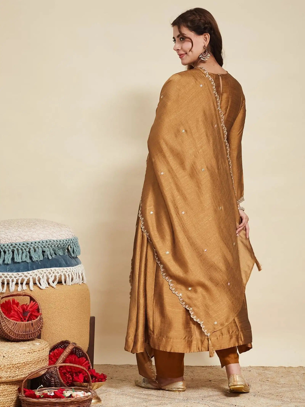 Dwija Fashion Anarkali Kurti Vichitra Silk Embroidered Rust Orange Color Kurti With Pant And Dupatta | Grocsy