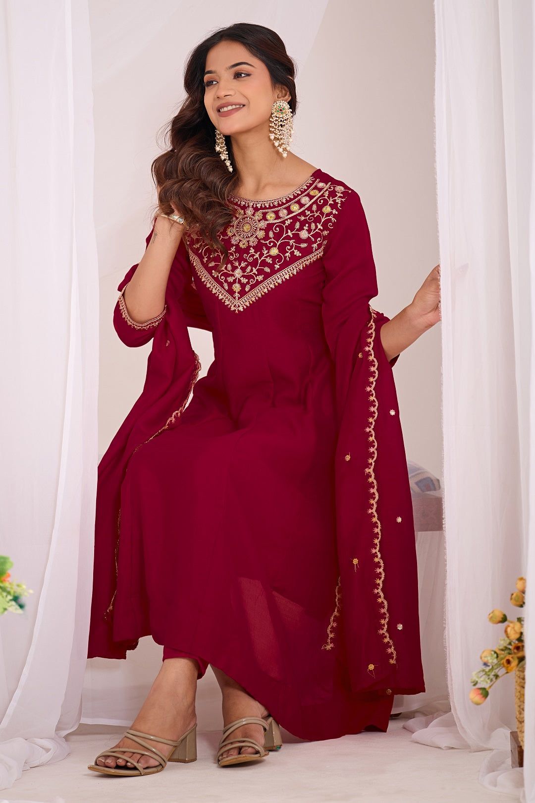 Dwija Fashion Anarkali Kurti Vichitra Silk Embroidered Maroon Color Kurti With Pant And Dupatta | Grocsy