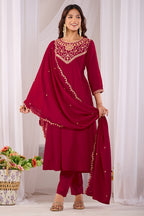 Dwija Fashion Anarkali Kurti Vichitra Silk Embroidered Maroon Color Kurti With Pant And Dupatta | Grocsy