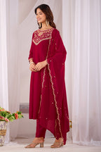 Dwija Fashion Anarkali Kurti Vichitra Silk Embroidered Maroon Color Kurti With Pant And Dupatta | Grocsy