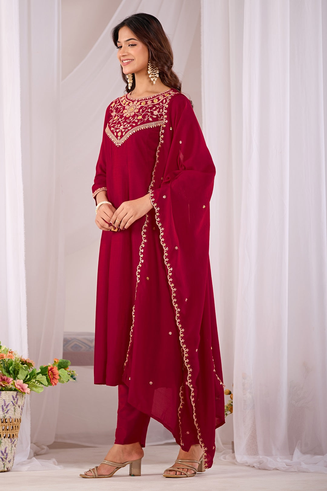 Dwija Fashion Anarkali Kurti Vichitra Silk Embroidered Maroon Color Kurti With Pant And Dupatta | Grocsy