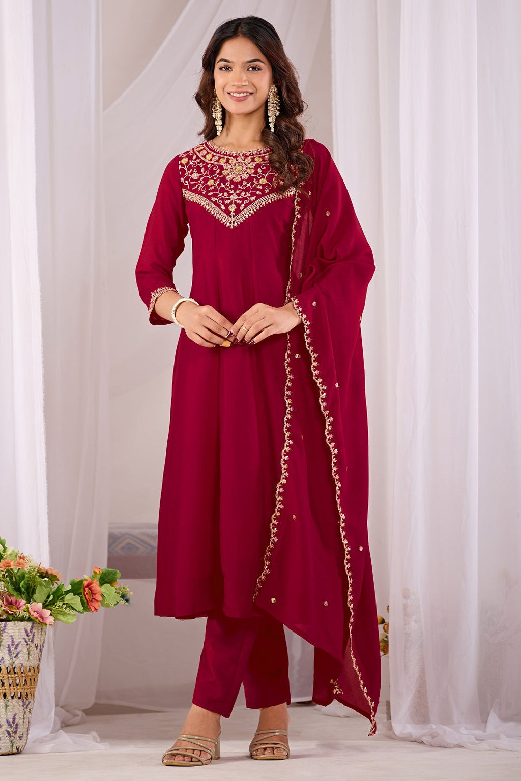 Dwija Fashion Anarkali Kurti Vichitra Silk Embroidered Maroon Color Kurti With Pant And Dupatta | Grocsy