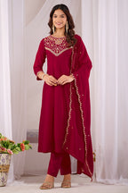 Dwija Fashion Anarkali Kurti Vichitra Silk Embroidered Maroon Color Kurti With Pant And Dupatta | Grocsy
