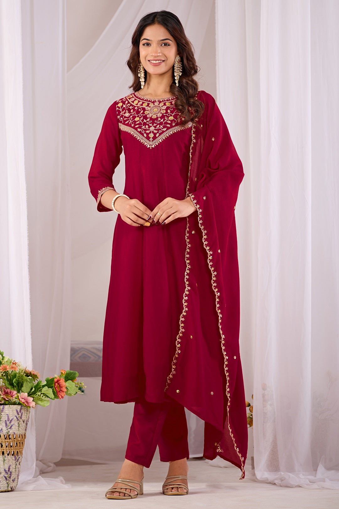 Dwija Fashion Anarkali Kurti Vichitra Silk Embroidered Maroon Color Kurti With Pant And Dupatta | Grocsy