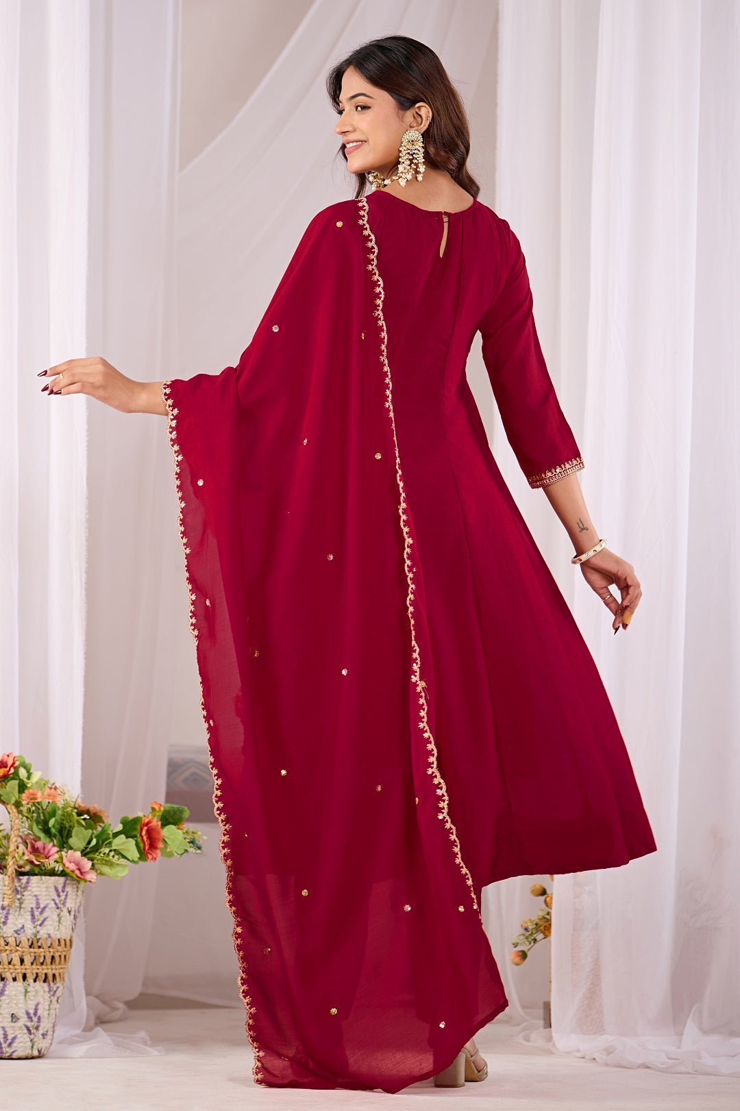 Dwija Fashion Anarkali Kurti Vichitra Silk Embroidered Maroon Color Kurti With Pant And Dupatta | Grocsy