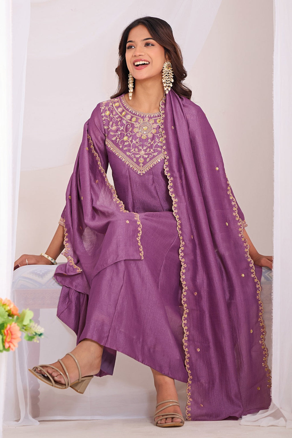 Dwija Fashion Anarkali Kurti Vichitra Silk Embroidered Purple Color Kurti With Pant And Dupatta | Grocsy