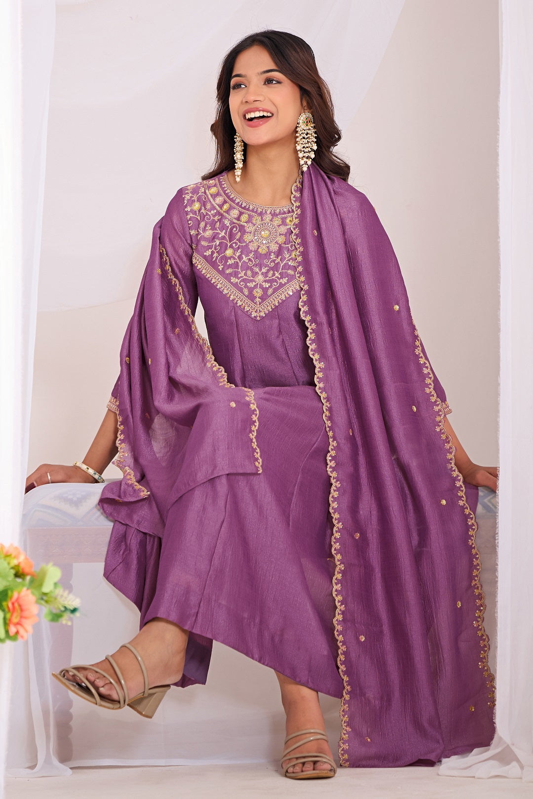 Dwija Fashion Anarkali Kurti Vichitra Silk Embroidered Purple Color Kurti With Pant And Dupatta | Grocsy