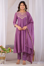 Dwija Fashion Anarkali Kurti Vichitra Silk Embroidered Purple Color Kurti With Pant And Dupatta | Grocsy