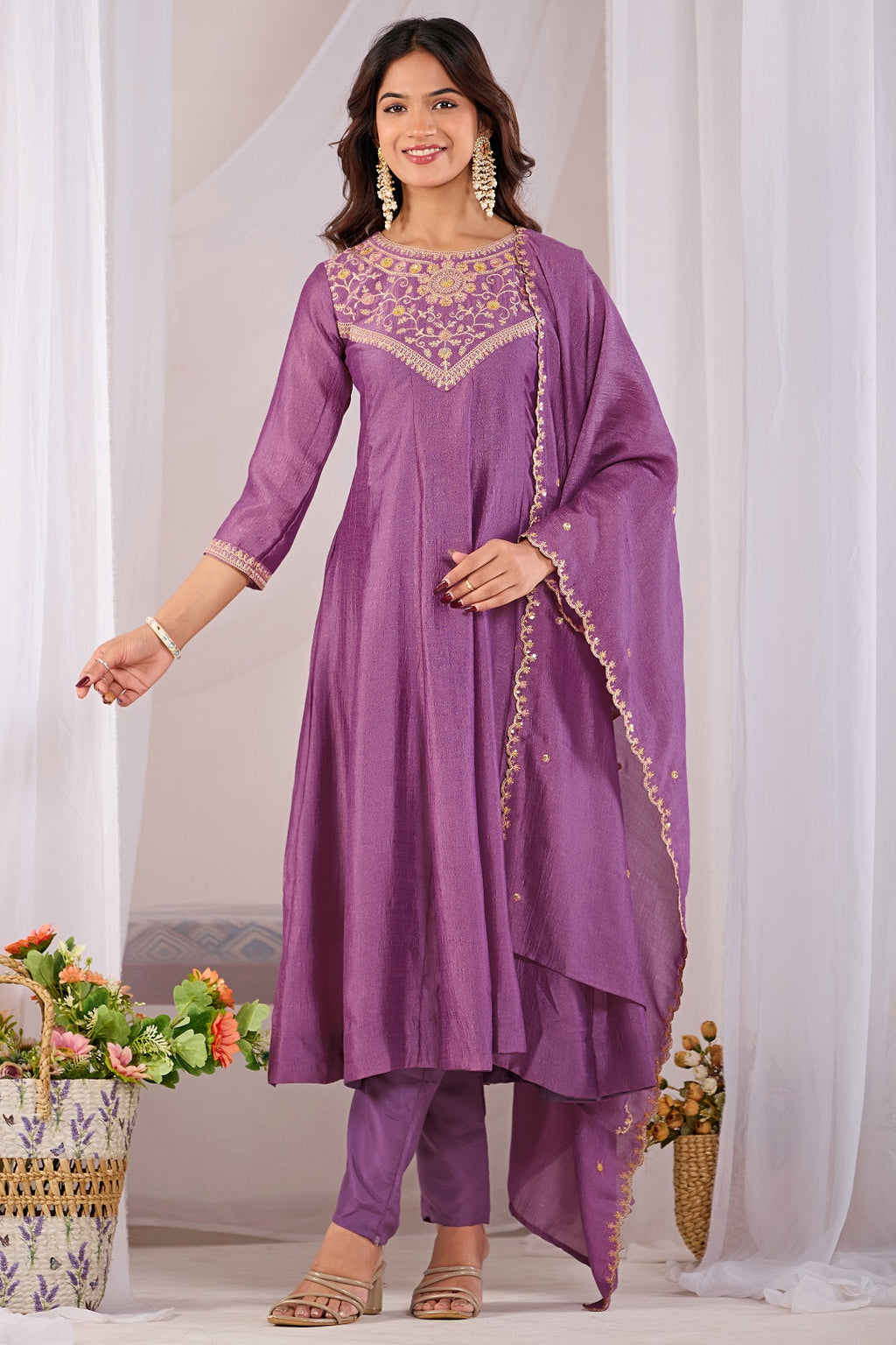 Dwija Fashion Anarkali Kurti Vichitra Silk Embroidered Purple Color Kurti With Pant And Dupatta | Grocsy