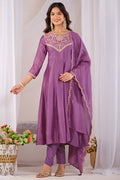 Dwija Fashion Anarkali Kurti Vichitra Silk Embroidered Purple Color Kurti With Pant And Dupatta | Grocsy