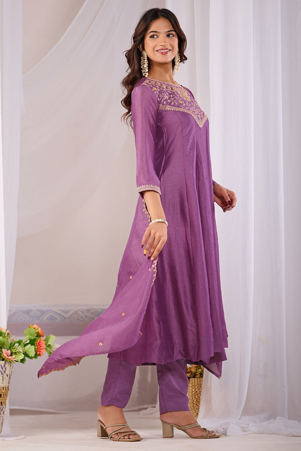 Dwija Fashion Anarkali Kurti Vichitra Silk Embroidered Purple Color Kurti With Pant And Dupatta | Grocsy