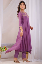 Dwija Fashion Anarkali Kurti Vichitra Silk Embroidered Purple Color Kurti With Pant And Dupatta | Grocsy