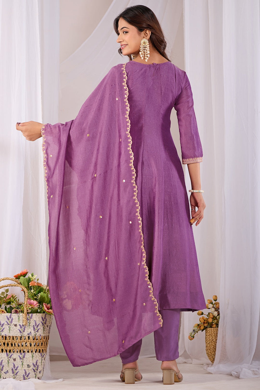 Dwija Fashion Anarkali Kurti Vichitra Silk Embroidered Purple Color Kurti With Pant And Dupatta | Grocsy
