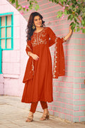 Dwija Fashion Anarkali Kurti Vichitra Silk Embroidered Orange Color Kurti With Pant And Dupatta | Grocsy